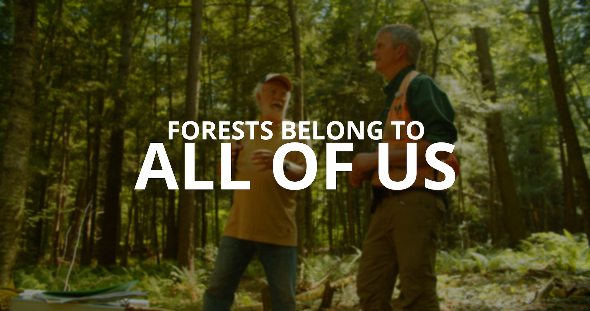 Text "Forests belong to all of us" over a picture of a forestland owner and professional forester talking in a forest clearing