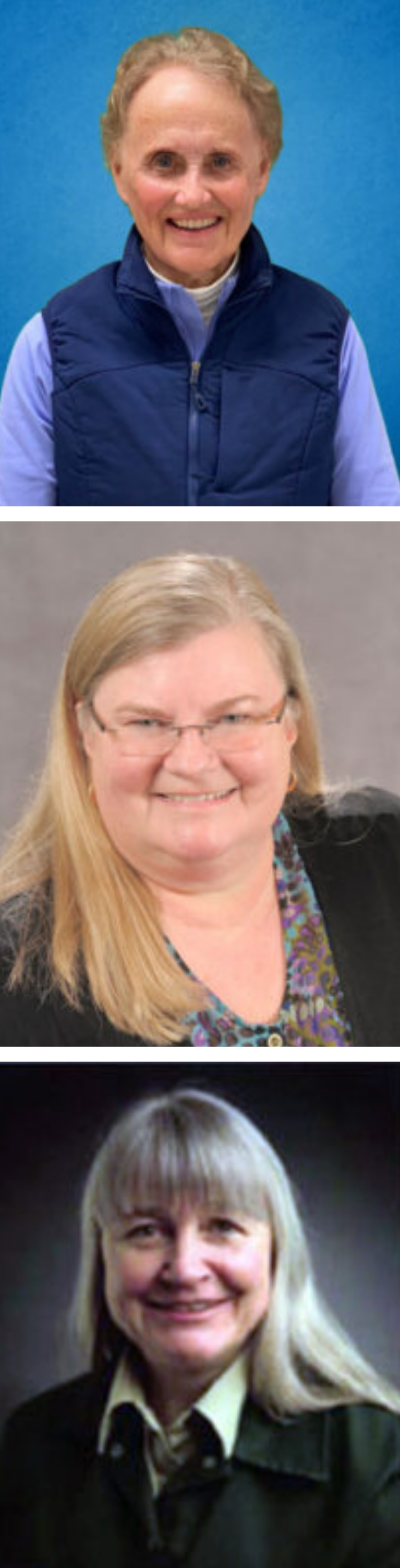 Three headshots: Susan Bell (top), Kaleen Cottingham (middle), Gail Kimbell (bottom)