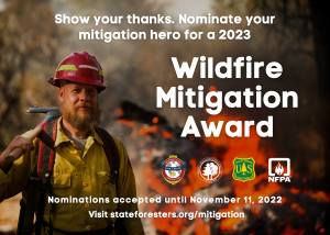 A firefighter stands to the left of a fire burning in the background. At the top the text reads "Show your thanks. Nominate your mitigation hero for a 2023" and the large text in the center right reads "Wildfire Mitigation Award." The four sponsoring logos are beneath this text. The bottom text reads "Nominations accepted until November 11, 2022. Visit stateforesters.org/mitigation."